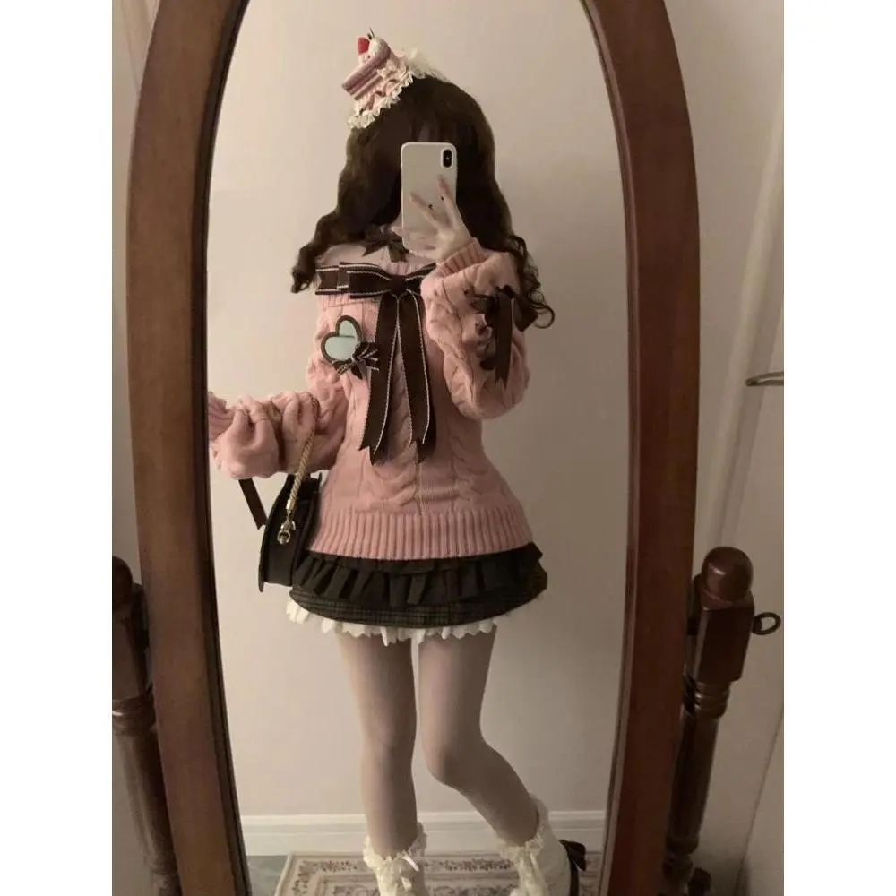 Autumn Winter Sweet Sexy Off Shoulder Knitted Sweater Y2k E-girls Slim Fit Jumpers Casual Long Sleeve Korean Fashion Pullovers Knitwear Womenswear Tops Red