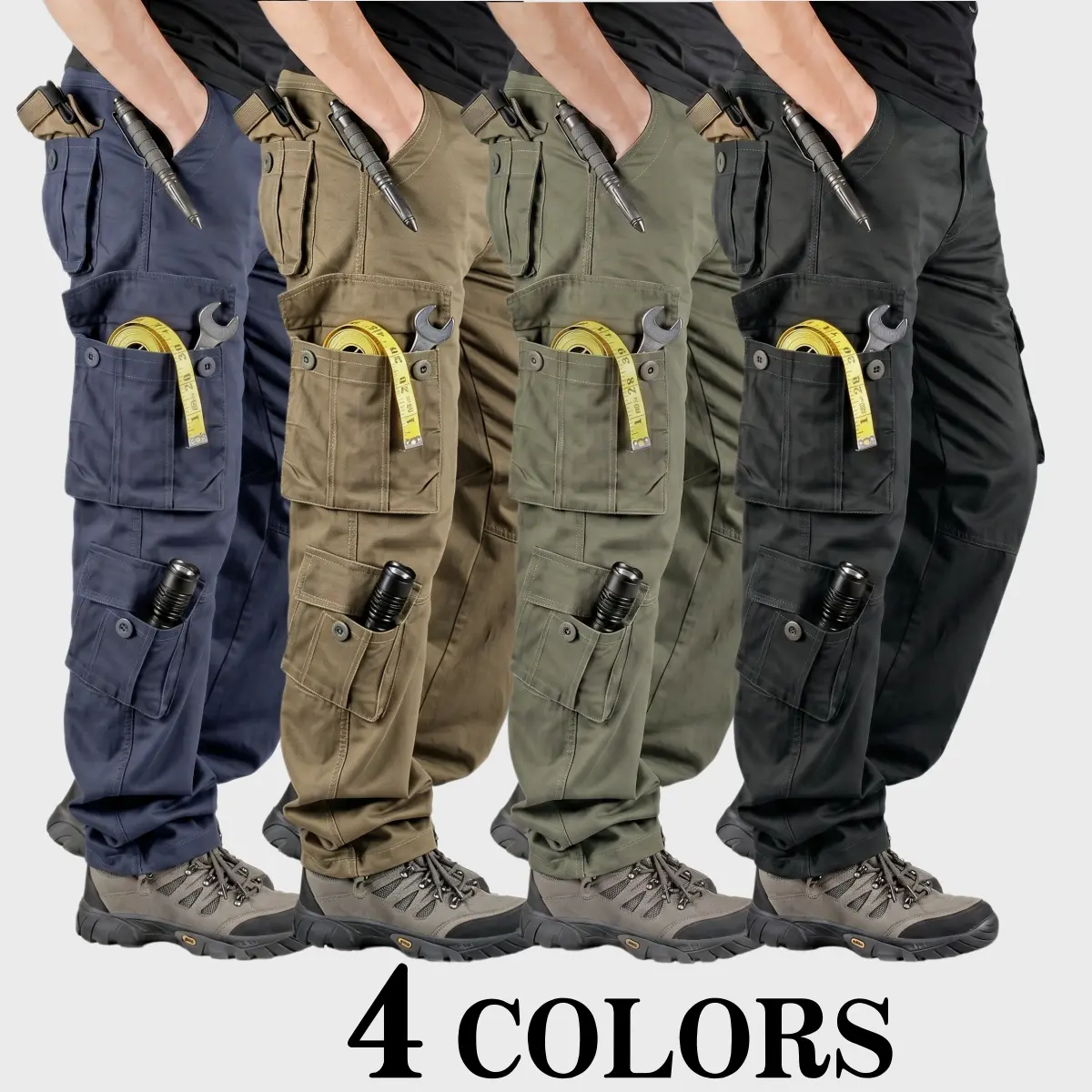 Men’s pure cotton tactical cargo pants with eight pockets—straight-leg, wear-resistant workwear with multi-tool storage, equipped with dedicated tool slots and hanging rings; suitable for outdoor construction, mechanical maintenance, and everyday commutin