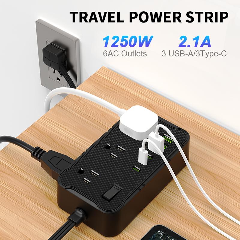 6.5FT/10FT/15FT extension line power board, 1pc 12-in-1 power board/power socket/power strip, 6 AC sockets, maximum power of 1250.W, 10A, 3 USB 3Type-C, suitable for home, office, travel and computer.