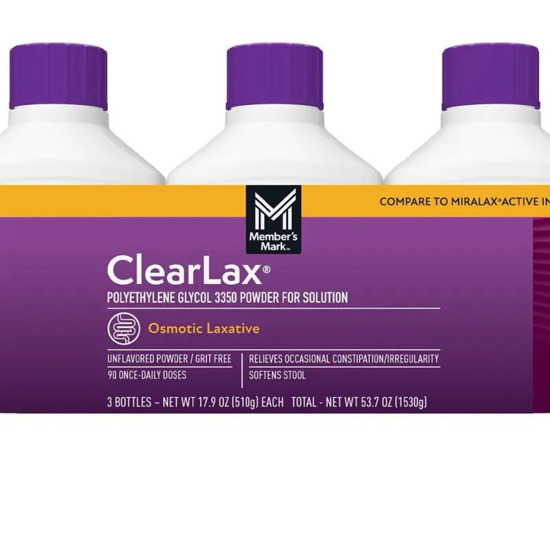 Member's Mark ClearLAX Polyethylene Glycol 3350 Powder 17.9 oz 3 pk Drink Healthcare Osmotic Laxative Unflavored Grit Free