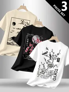 3-Pack Plus Size Men's Japanese Style Printed T-Shirts, Cherry Blossom Fuji Mountain, Tokyo Bird Illustration, Short Sleeve, Casual Streetwear Fashion