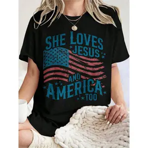 Women’s Patriotic Retro T-Shirt – 100% Cotton Short Sleeve Tee, She Loves Jesus & America Too️, 4th of July Independence Day Shirt, Summer Gift for Her