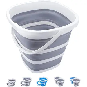 10L 2.6 Gallon Collapsible Portable Folding Plastic Bucket Space Saving Grey Square for Outdoor Garden Camping Fishing Car Wash Cleaning