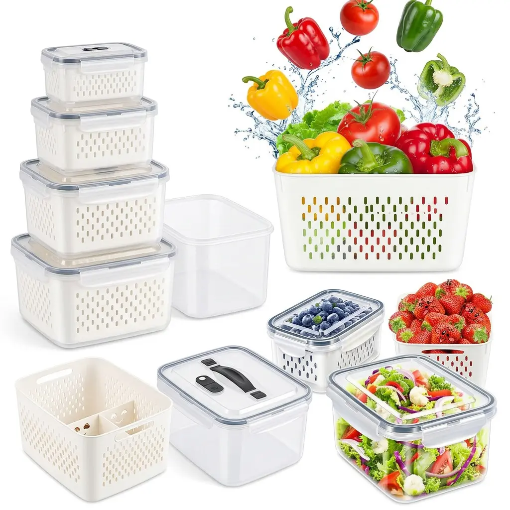 5-Pcs Food Safe Plastic Vegetable Storage Containers, BPA-Free Polypropylene Fridge Containers with Removable Colander - Leakproof 5-Pack Kitchen Utensils for Keeping Produce, Berries Fresh Longer