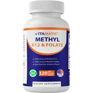 Vitamatic Natural Vitamin Dietary Supplement - L-Methylfolate, B12, Pyridoxal 5-Phosphate (P-5-P), 120 Gluten-Free Fast-Dissolve No-Sugar Vegetarian Water-Soluble Tablets for Energy Support, L-Methylfolate Vitamins Supplements