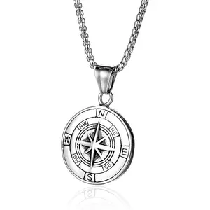Men's stainless steel compass pendant necklace, hip-hop fashion medallion necklace, gift for men, Geometric, Retro