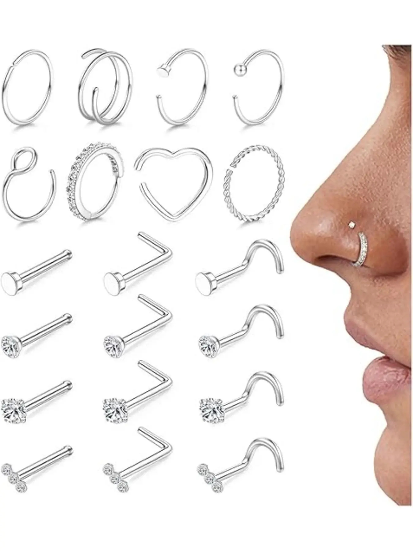 Hypoallergenic Stainless Steel Nose Rings, Rhinestone Design, Plain Pattern, 18g & 20g Sizes, Unisex Multiple Body Piercings Jewelry, 20pcs Set, Body Jewelry, High Quality Jewelry, Body Jewellery