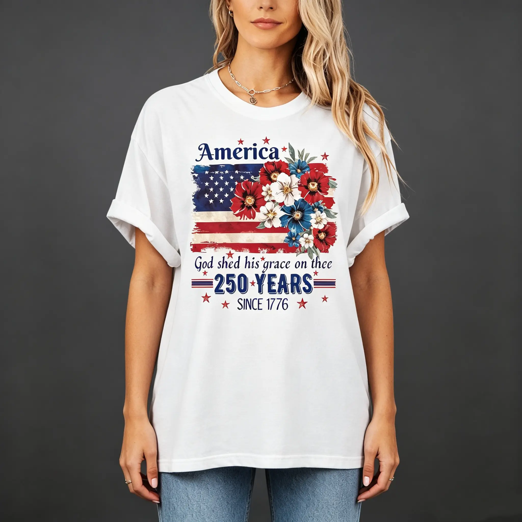 250th Anniversary of the Founding of the Nation, 1 piece of American 250th Anniversary commemorative flag floral white teeshirt, pure, machine washable, casual style, round neck, suitable for all seasons, an ideal gift for Valentine's Day and birthdays ou