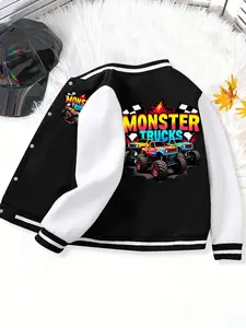 1pc Boys' Baseball Jacket (3-12Y), Cool 3D Cartoon Letter Car Print, Soft Casual, Double-sided Print, Outdoor Wear, Machine Washable, Christmas Gift