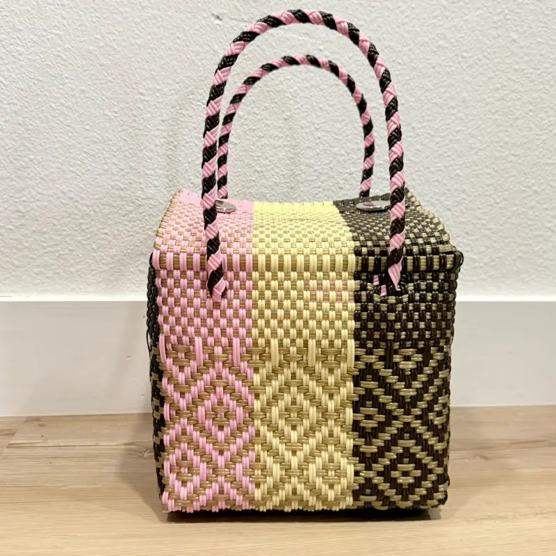 Mini Loncheras - Handcrafted Plastic Hand Bags Made in Mexico Eco Friendly Purse with Magnetic Buckle Closure Handwoven Recycled Material Unique Striped Design