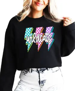Wildcats Sweatshirt with Checkered Lightning Bolts - Crewneck for Women - Game Day School Pride Sweatshirt - College High School Pride Sweater