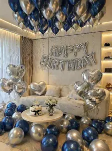 "61PCS Silver & Navy Blue Happy Birthday Balloon Set - Foil & Latex Balloons, 16” Foil Letters, Heart & Round Balloons for Party Decorations, Wedding, Anniversary