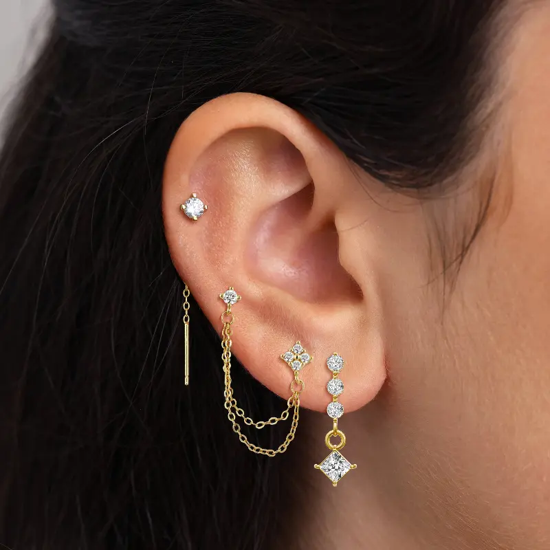 KOPERIN 3-Piece Earring Stacking Set - Chain Tassel, Dainty CZ Cartilage Earrings for 4 Ear Holes, Hypoallergenic Stylish Fashion Jewelry for Women, Ideal Gifts