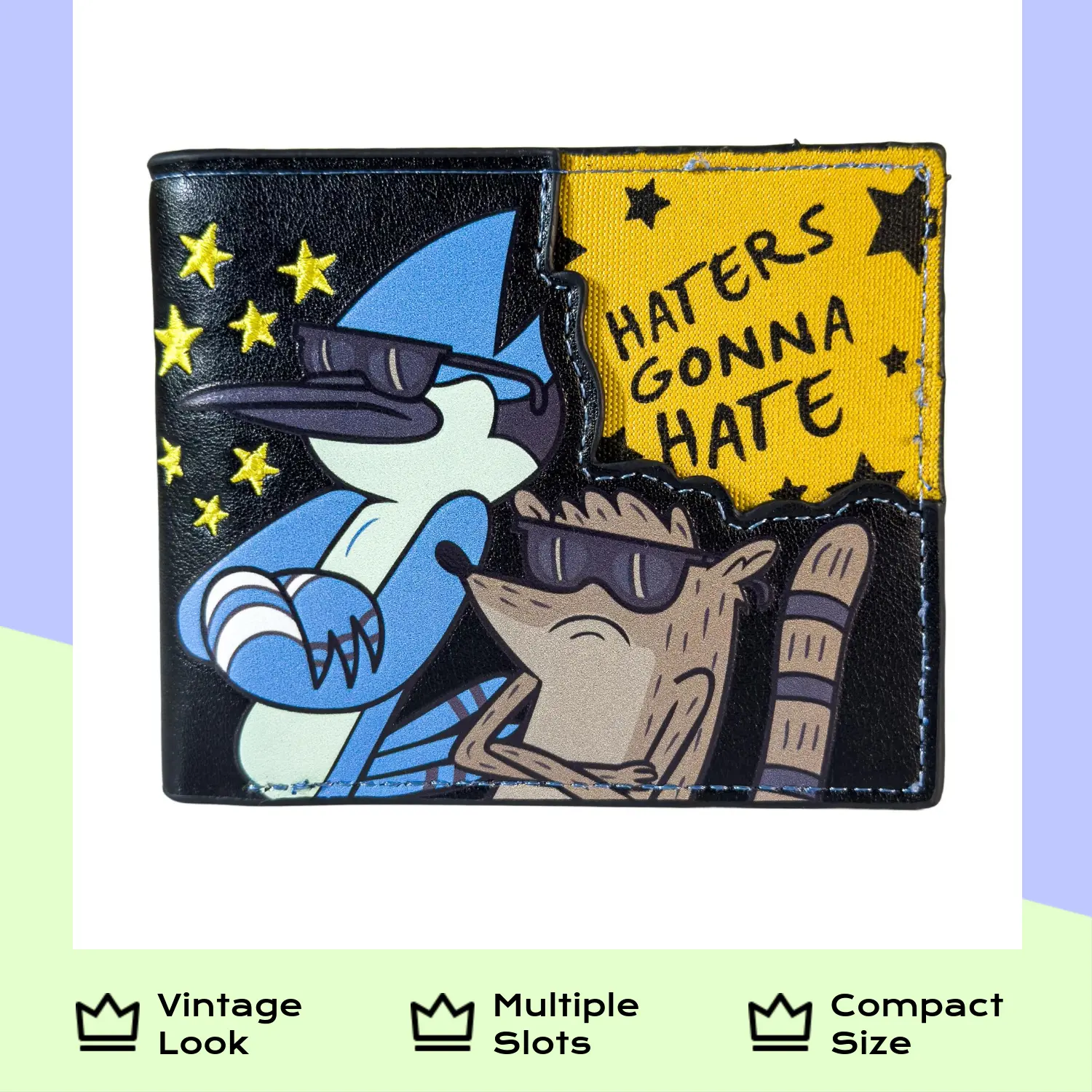 Men's Bifold Wallet - Haters Gonna Hate Mordecai & Rigby Regular Show Cartoon Graphic Design, Vintage Slim Aluminum EDC Holder with Card Slots, Cash ID Pocket, PAC-MAN Theme, Airtag Compatibility, Fire-Resistant Feature for Casual Wear, Bifold Shape, Cred