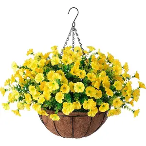 1 set of artificial hanging petunia flower basket, 19.69 inches with coconut lining, DLY anti-oxidation artificial flowers, spring outdoor decoration, suitable for indoor and outdoor use, wedding decoration, Artificial Hanging Baskets