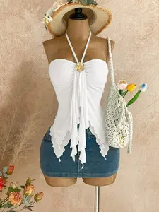 Asymmetrical Hem Camisole Top Seashell Decor Slim Fit Lightweight Soft Fabric Breathable Summer Beach Vacation Outfit Elegant Casual Going Out Birthday Beach Wedding Trendy Women Fashion Top