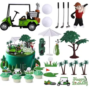 RAYNAG 19 Piece Golf Cake Toppers Set – Mini Cart, Clubs, Ball, Red Flag with Clay Figurines, Sun Umbrella Cupcake Toppers for Golf-Themed Birthday Party Supplies