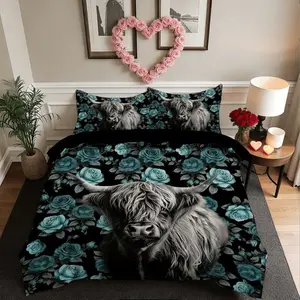Highland Cow & Rose Print Duvet Cover Set, 3 Counts/set Including 1 Decorative Duvet Cover & 2 Pillowcase without Filler, Soft Comfortable Bedding Set for Bedroom, Bed Sets Supplies
