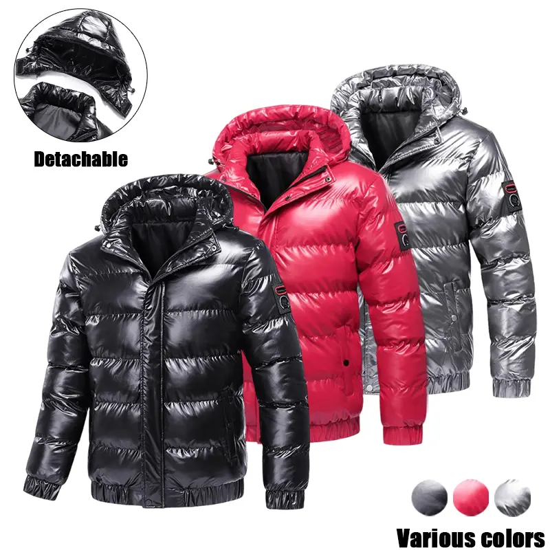 Men's Shiny Puffer Jacket with Detachable Hood, Winter Warm Quilted Padded Bubble Coat, Windproof Water Resistant Casual Outerwear, Zip Up Winter Coat with Pockets, for Work Hiking Travel Outdoor Cold Weather