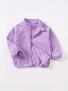 girls' stand collar fleece lined zipper cardigan, thick woven fabric, casual fall & winter warmth, stylish plain design