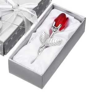 Red Silver Crystal Rose with Gift Box, Romantic Mini Glass Rose Flower, Perfect Valentine's Day Mother's Day Birthday Gift, Elegant Home Office Wedding Decor