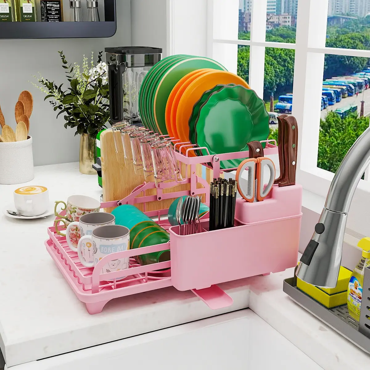 1pc Pink Dish Drying Rack, 2 Tier Dish Racks for Kitchen Counter, Large Dish Drying Rack with Drainboard & Utensil Holders, Rust-Proof Dish Drainers, Adjustable Dish Drainer, Kitchen Organization