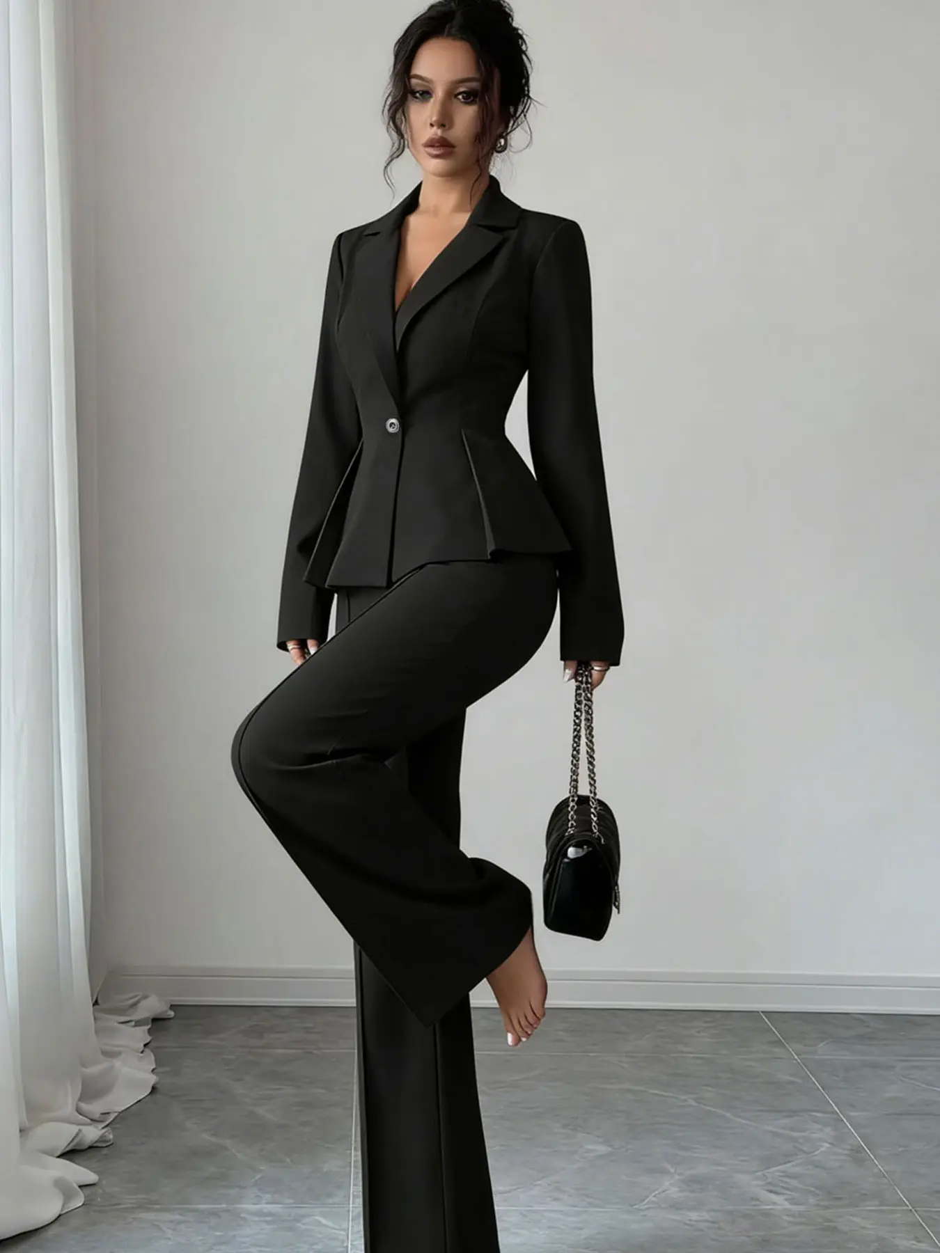 Women's two-piece black Fitted lapel multi-button waist-cinching ruffled hem Long Sleeve blazer and high-waisted leg-lengthening suit pants set, Formal, versatisuitable for all seasons, daily wear, events