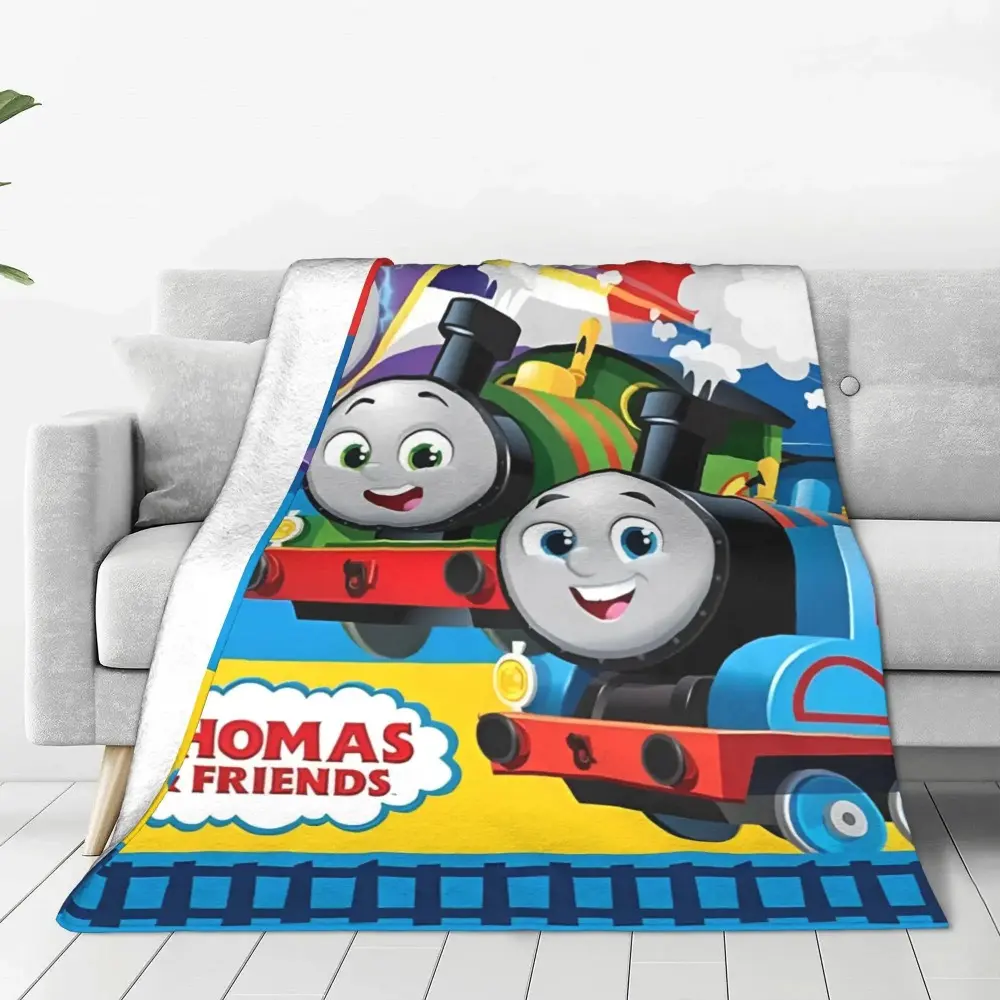 Thomas The Train & Friends Cozy Cartoon Flannel Blanket Cover, Graphic Throw Blanket with Cartoon Print, Wrinkle Resistant, Soft Flannel Feels Gentle on Skin, Super Soft Plush Thin Quilt for Airplane Travel