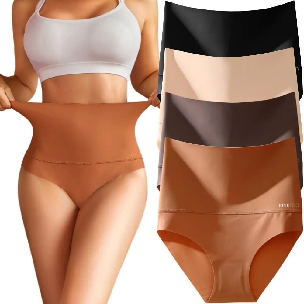 FINETOO Underwear for Women High Waisted Spandex Minimlist  Panties Nylon Comfort Seamless Smooth Bridal Lingerie 4PCS  S-XXXL Elastic