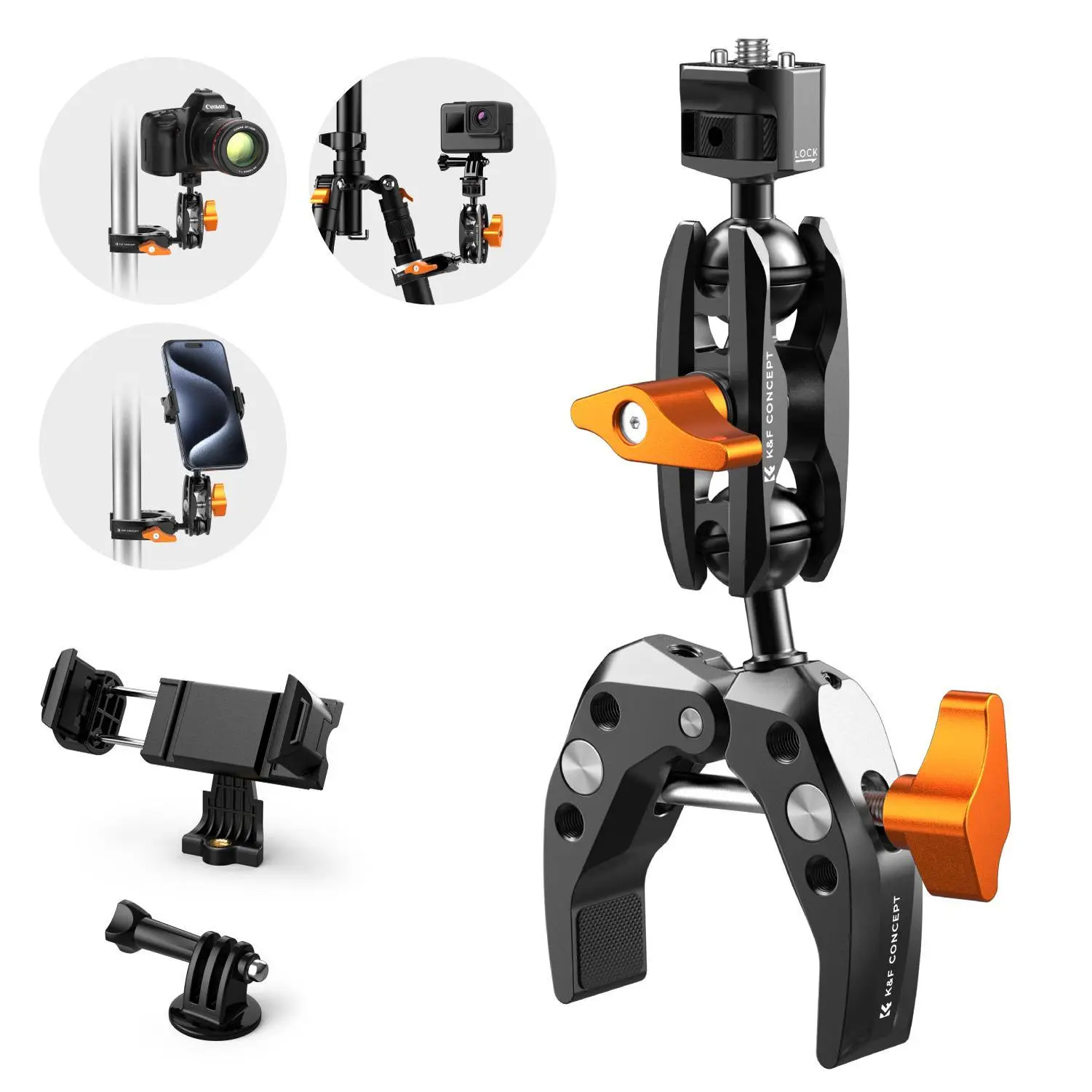 【DealsForYouDays】[K&F CONCEPT]Camera Clamp Mount, Super Clamp Mount Magic Arm with Two 360° Ball Heads, 1/4" Screw Threads for ARRI Compatible with DSLR, Action Camera, Tripod, Phone for Gopro/Insta360