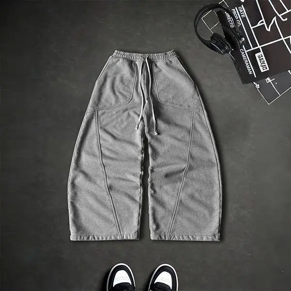Unisex Baggy Sweatpants, High Waisted Wide-Leg Streetwear Pants with Geometric 3D Piping for Skate & Comfy Loungewear, Men's Sweatpants, Comfy Pants, Loose Fit, Segmented Stitch, Casual Sport, Drawstring Track Men's Pants