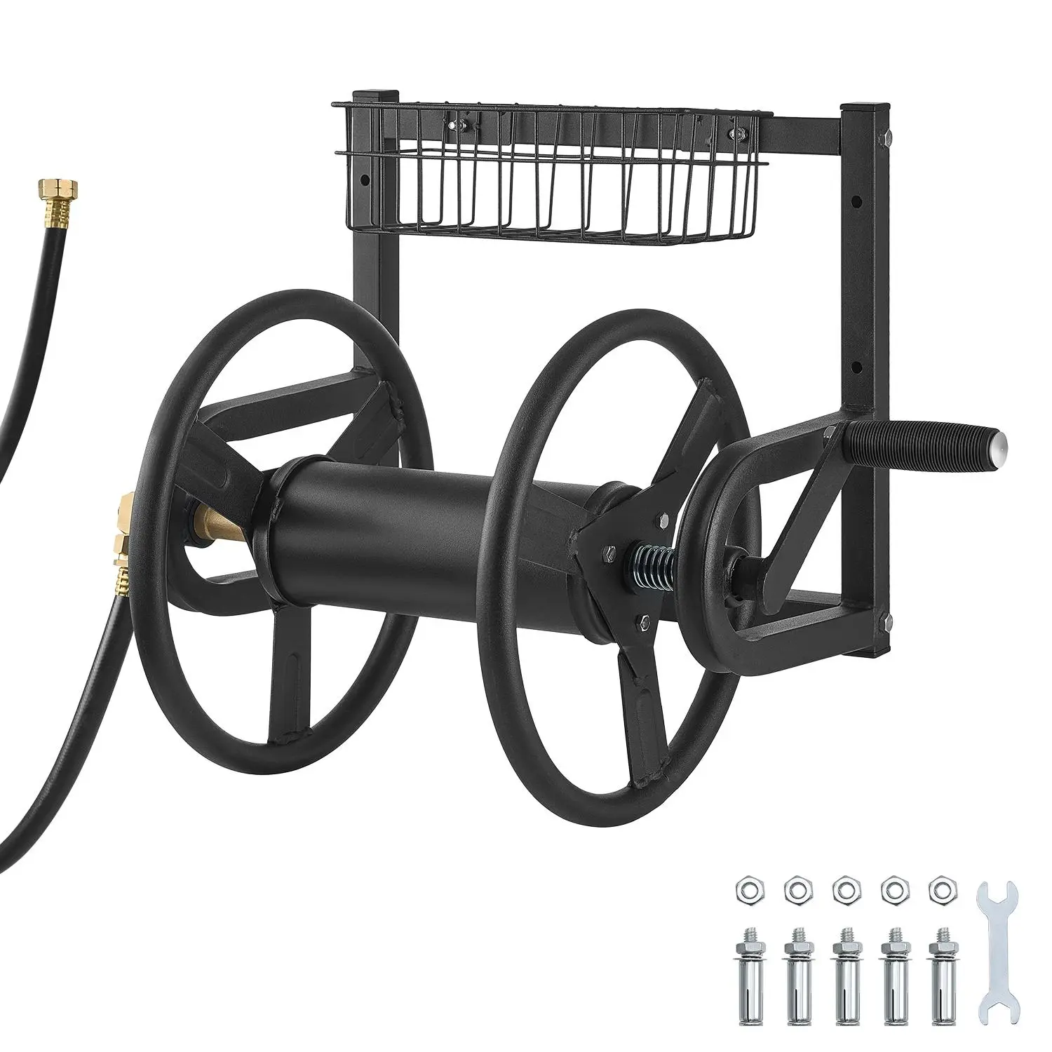 【summerfinds】VEVOR Wall Mounted Garden Hose Reel, Holds 125 ft 5/8-inch Hose, Heavy-Duty Water Hose Winder, Space-Saving Design, Outdoor Manual Reel with Brass Fitting and Storage Basket for Yard Lawn