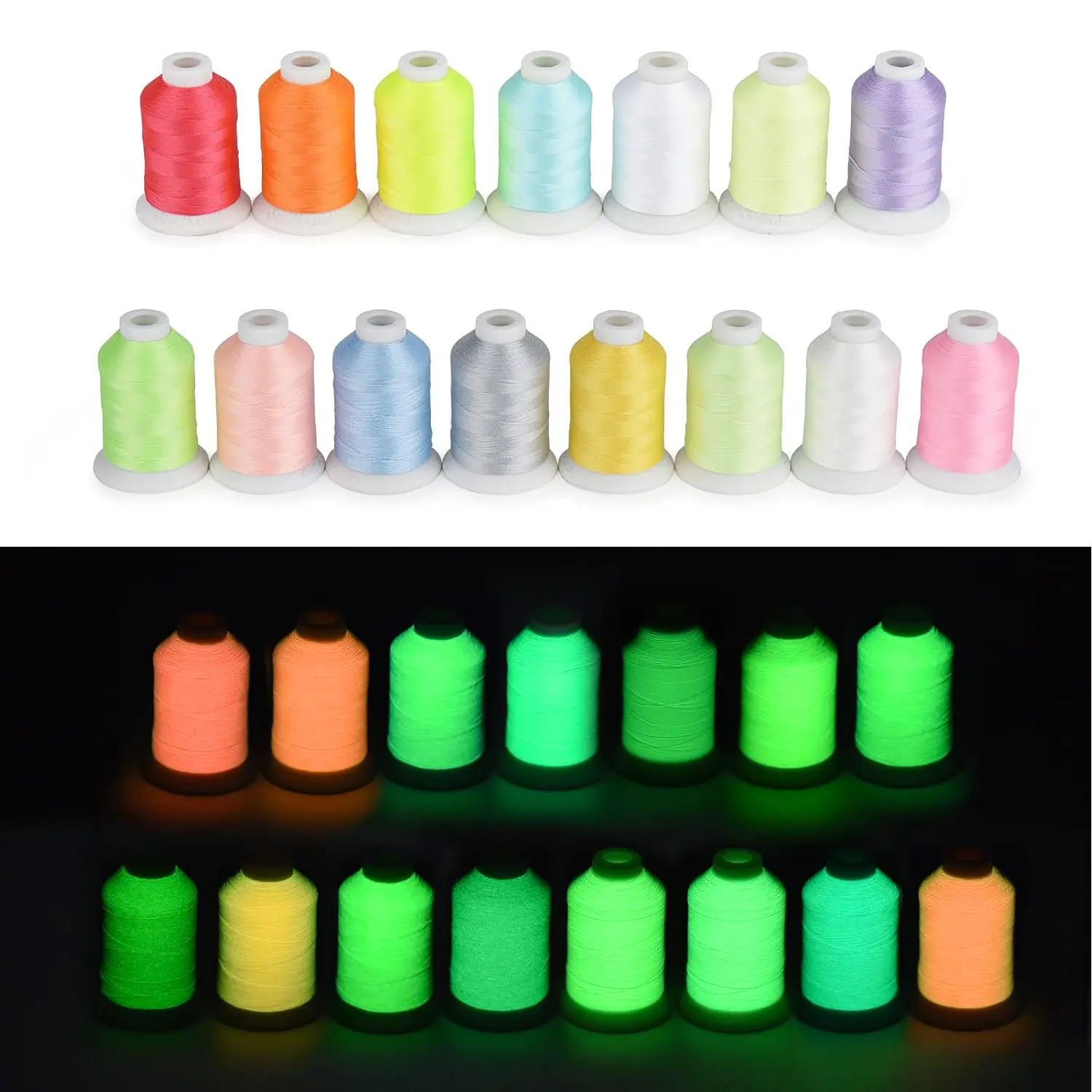 Simthread 15-Colors Glow in the Dark Embroidery Thread , 30WT Polyester Machine Embroidery Thread Set, 550Y Spools for Sewing, Quilting, DIY Crafts, Embroidery Projects and Glow Effects