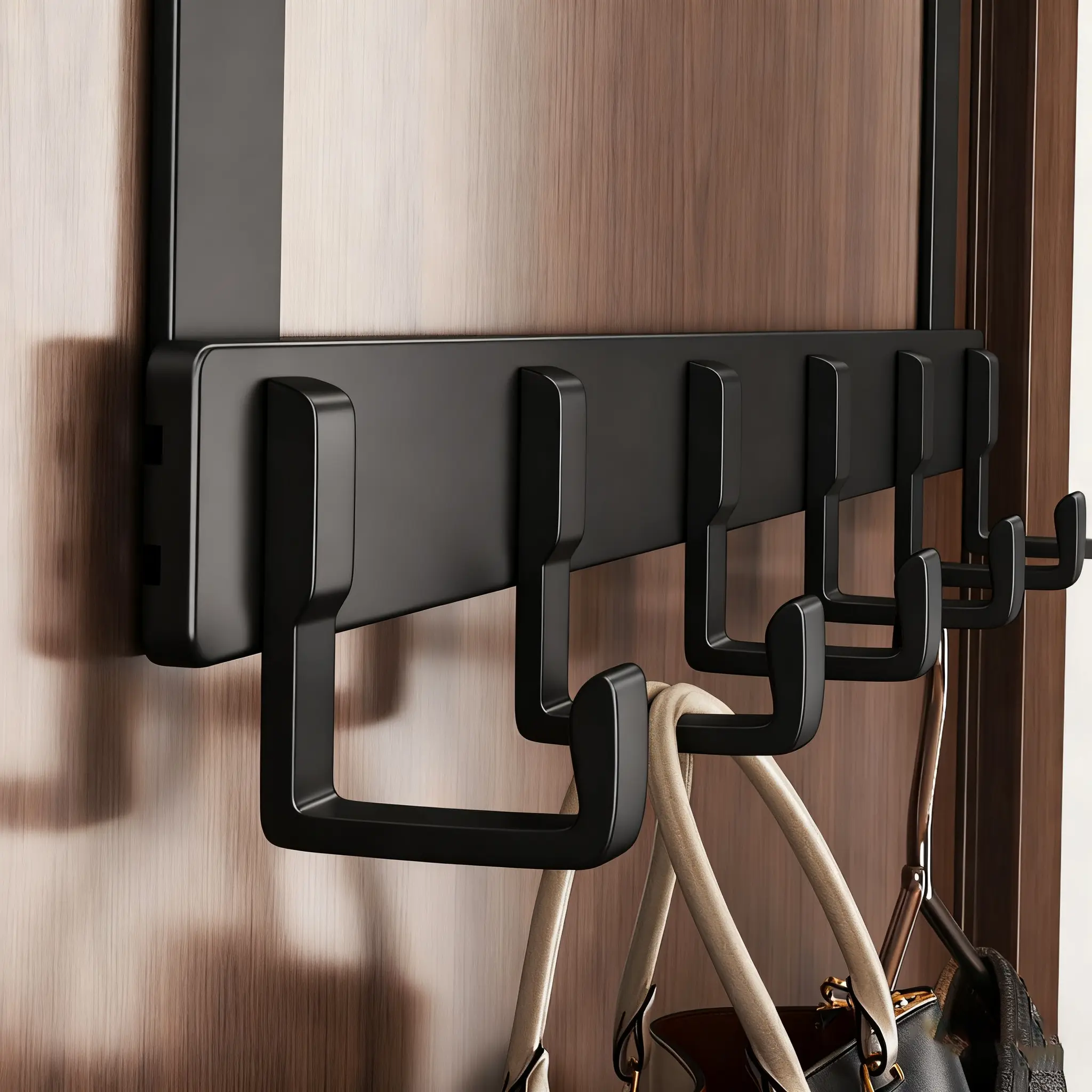 Black-5-Hook Aluminium Over-the-Hook Door Hanger Rack, Lightweight Drill-Free Installation Home Organizer for Daily Bohemian Farmhouse Hallways, Bathrooms (Hats, Keys, Towels)