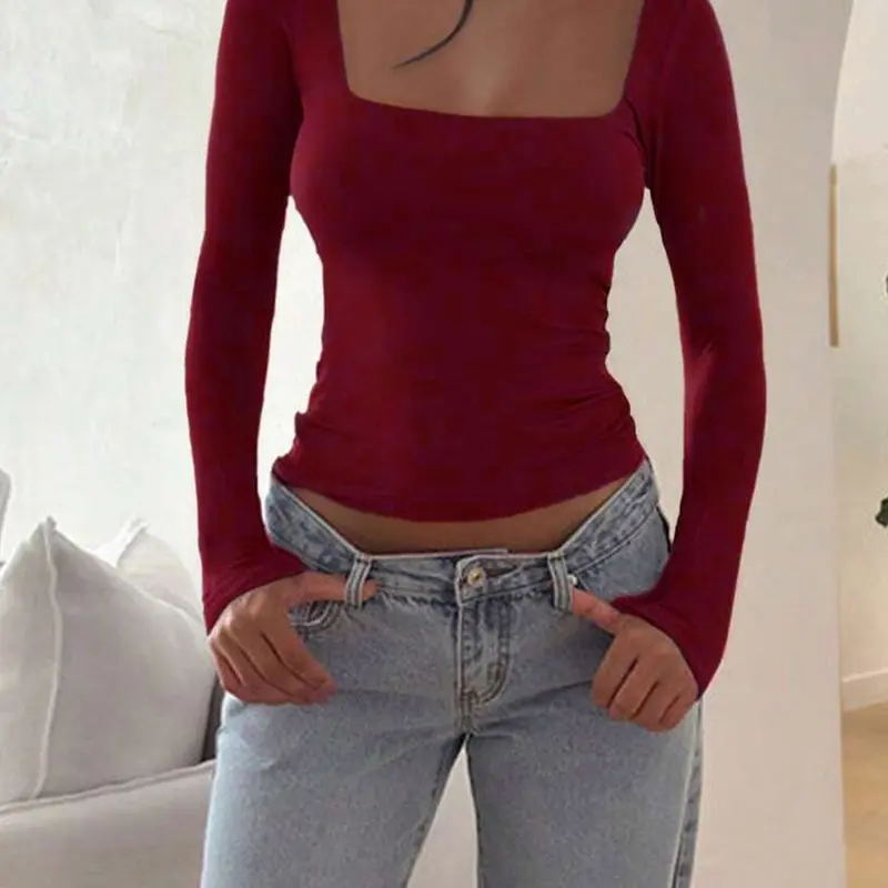 Fashion Women Slim Multicolor Ruched T-Shirt, Long Sleeve Plain Top, Short Sleeve Tee for Fall & Winter, Casual Streetwear Women Crop Top