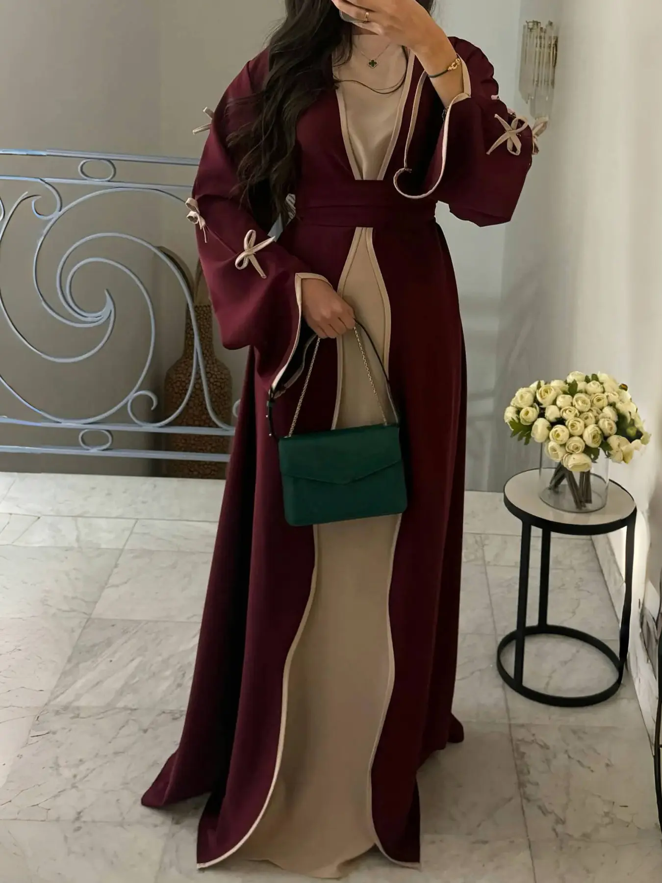 Women's Islamic Clothing Plus Size Dresses, Modesty Muslim Clothing, Modest Muslim Clothing, muslims open abayas Caftan Modest Style Bow Design Bow Accent Long Dress, Soft Comfortable Casual Outerwear with Waist Belt Included, Spring & Fall Fashion