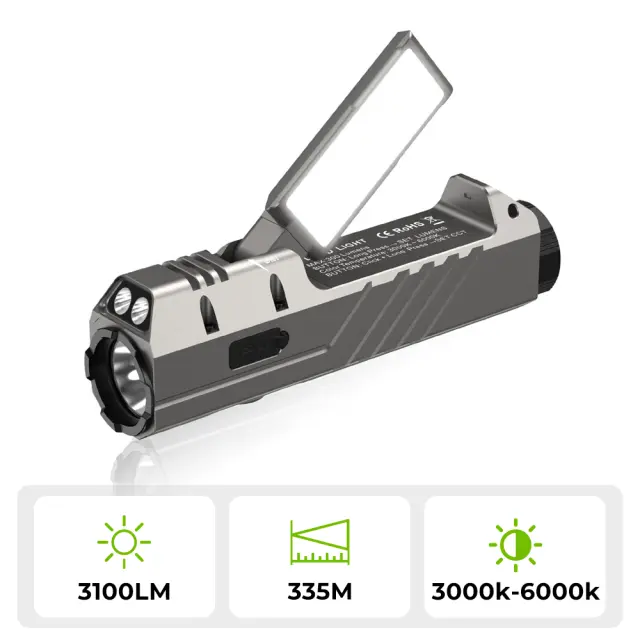 WURKKOS HD05 4-in-1 (Spot / Flood / Red / UV)Powerful 3100 Lumen 335m Throw LED Flashlight 21700 5000mAh Battery Rotatable 180° Wing Floodlight (3000–6000K) Camp lantern Portable Outdoor lights