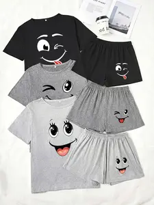 Three-Piece Pajama Set for Women, Short Sleeve and Shorts, Smiley Face Print, Loose-Fitting Casual Sleepwear, Comfortable Nightwear