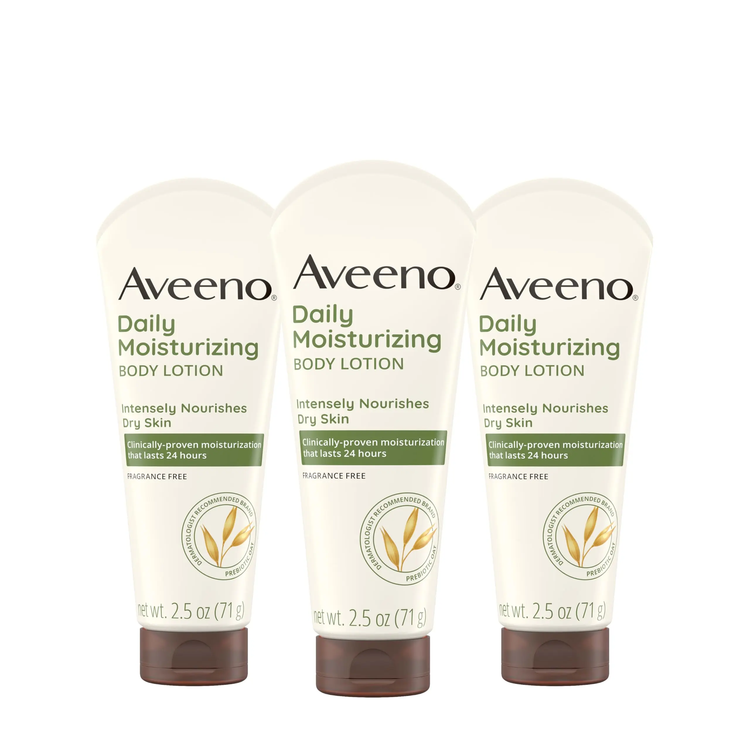 Aveeno Daily Moisturizing Body Lotion, Gentle Lotion Nourishes Dry Skin with Moisture, Sooth-ing Prebiotic Oat, Fragrance-Free, Non-Comedogenic, Travel-Size, 2.5 fl. oz, 3 Pack