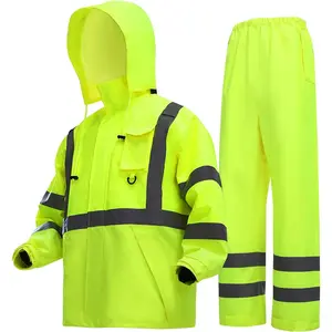 Rain Suits for Men Waterproof,Class 3 Hi Vis Rain Gear with Collapsible Hood, Breathable Safety Rain Jacket with Inner Mesh Lining and,Waterproof Pants 2XL/3XL