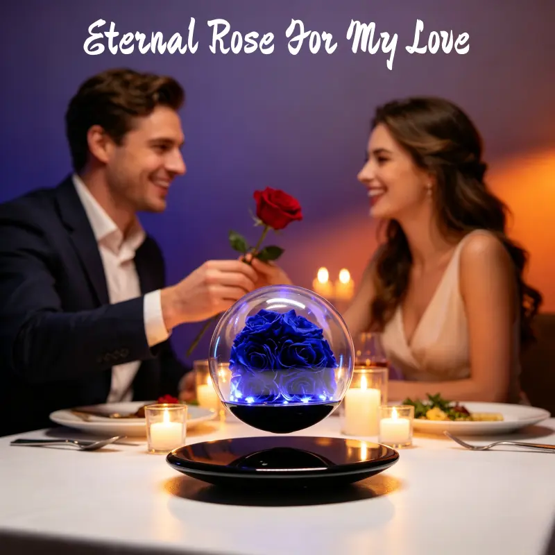 Magnetic Floating Blue Eternal Rose LED Light Unique Romantic Gift for Lover Anniversaries Weddings