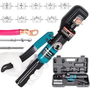 10 Ton Hydraulic Battery Cable Crimper – Single-Hand Return, 9 Hex Dies for 12-2/0 AWG, 180° Rotating Head, Pro Terminal Tool for Car/RV/Marine Power