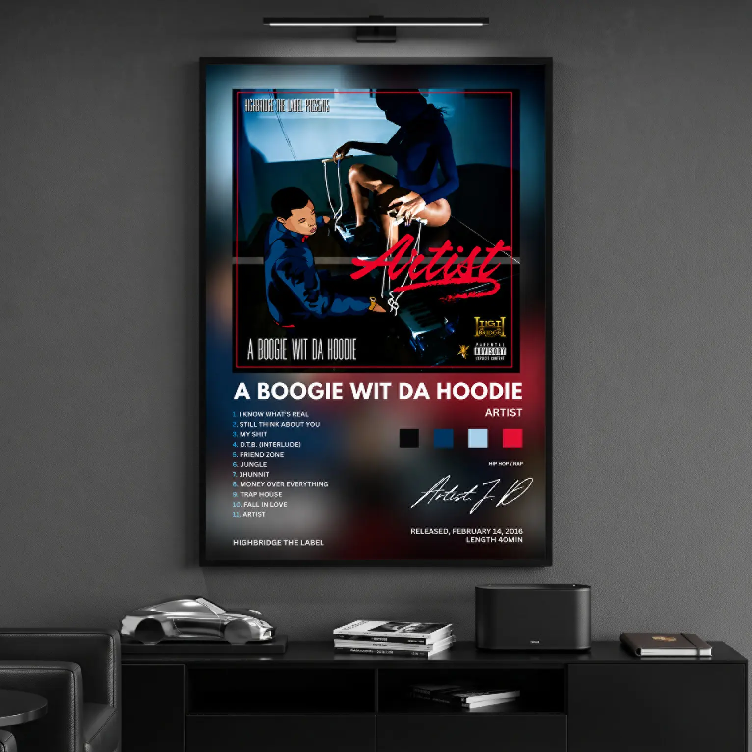 A Boogie Wit Da Hoodie Signed Artist Album Cover Framed Print, Minimalist Hip Hop Artwork, Rapper Music Wall Decor for Bedroom Wall Hanging, Photo