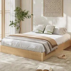 Garvee Queen Size Wooden Bed Frame with Striated Design, Low Profile Platform, Minimalist Base, Easy Assembly, No Box Spring Needed, Natural Finish, Quiet and Sturdy