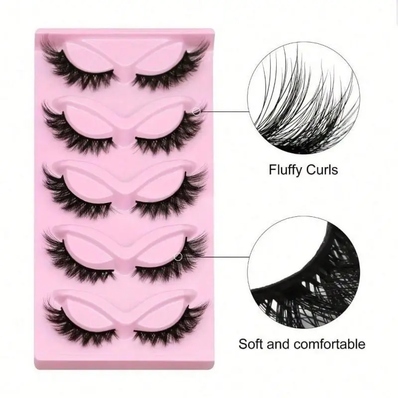 Lightweight Faux Mink False Lashes Set, 5 Pairs Fluffy Curls Cat Eye Crisscross 3D Multilayered Dramatic Lashes with Pink Storage Case, Sensitive Safe for Bold Makeup Looks (Korean Hair Design), Cosmetic, Longer, Eyelashes Extensions