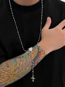 Stainless Steel Beaded Elegant Necklace with Cross Pendant, Fashionable Christian Religious Symbol, Perfect Christmas and Easter Gift, Fashion Jewelry Accessories