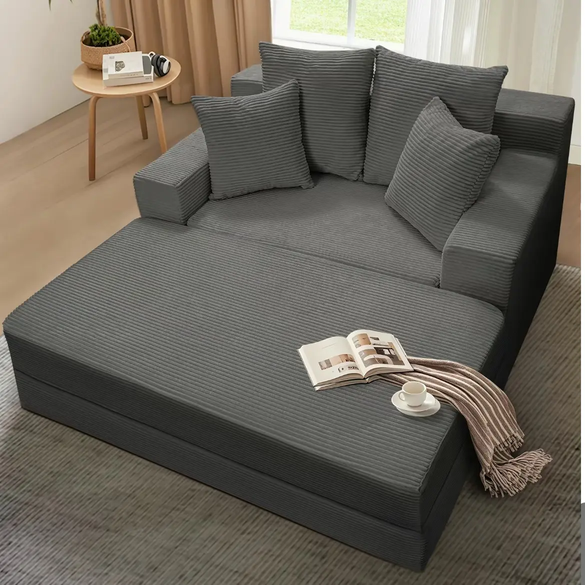 3-in-1 Corduroy Pull Out Sofa Bed, Winzoo Convertible Loveseat Folding Couch with 4 Removable Pillows, Foldable Chaise Lounge Floor Futon Sleeper for Living Room