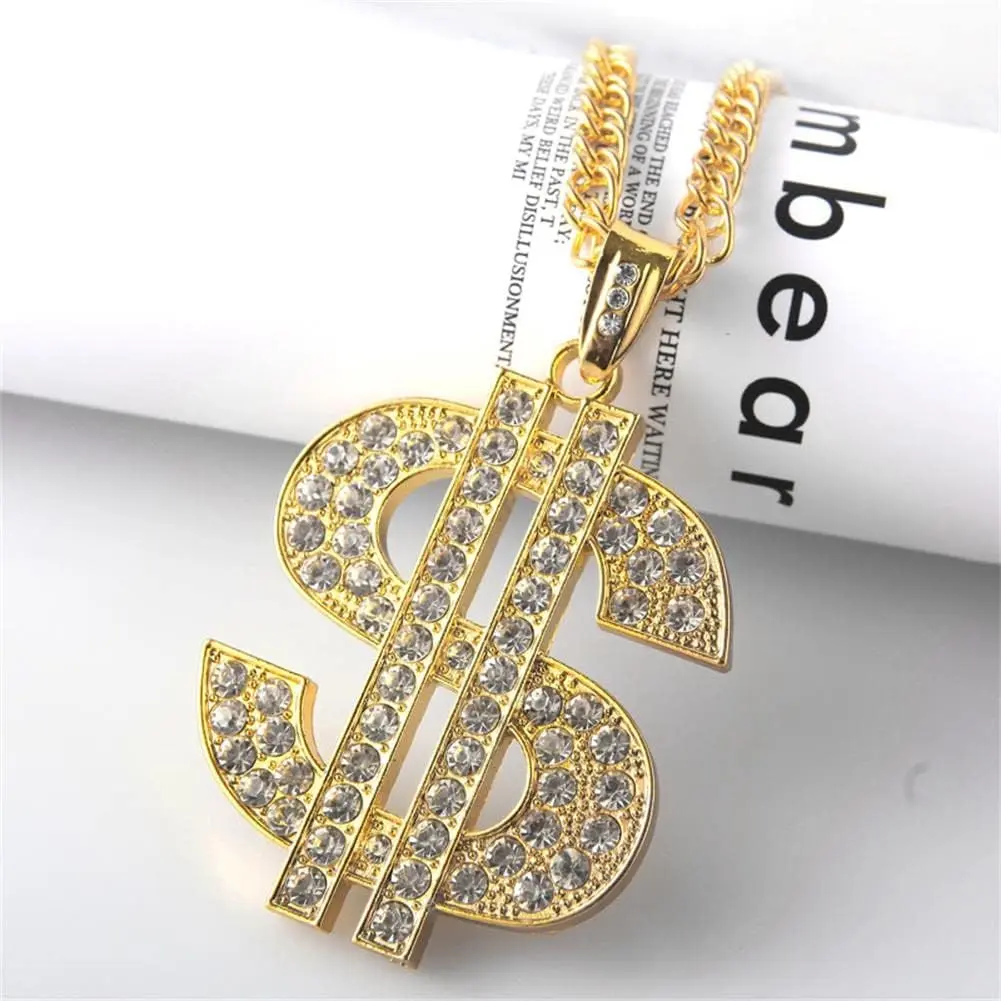 Unisex 80s Style Iced Out Rhinestone Dollar Sign Gold Chain Necklace, Casual Costume Jewelry for Christmas, Birthday Gatherings & Bar Parties, Unisex Jewelry, Hip Hop Style, Chain & Link, Great Fit For Hip-Hop Artists, Graduation