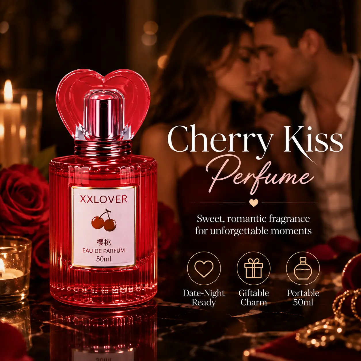 Cherry Perfume for Women, 50ml Eau De Parfum Spray with Heart Shape Bottle, Sweet Fruity Cherry Fragrance, Romantic Long Lasting Scent for Date Night, Daily Wear, Birthday Valentine’s Day Christmas Gift for Her