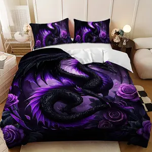 Bedding 3-piece set - 3PCS,Purple and black dragon with purple rose design down comforter set (1 comforter cover + 2 pillowcases, filling not included). soft and comfortable, suitable for family bedrooms.